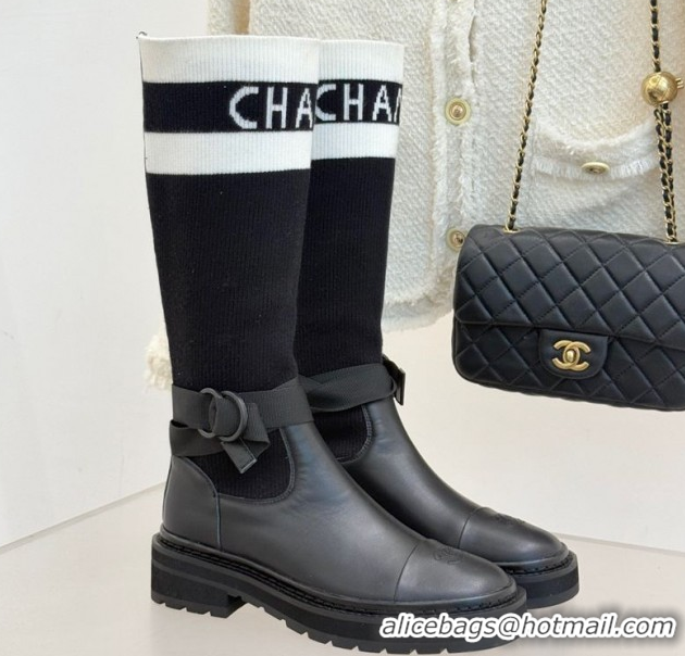 Duplicate Chanel Knit and Calfskin Medium Boots with Buckle Black 2025 CH11030317 1103129