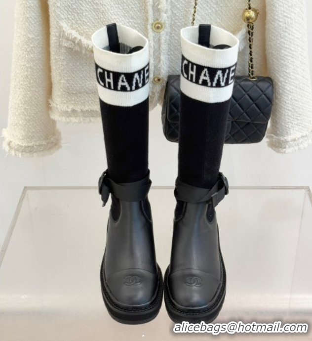 Duplicate Chanel Knit and Calfskin Medium Boots with Buckle Black 2025 CH11030317 1103129