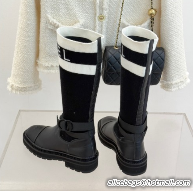 Duplicate Chanel Knit and Calfskin Medium Boots with Buckle Black 2025 CH11030317 1103129