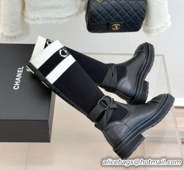 Duplicate Chanel Knit and Calfskin Medium Boots with Buckle Black 2025 CH11030317 1103129
