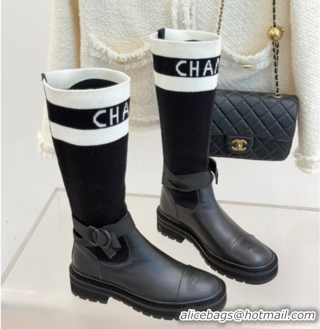 Duplicate Chanel Knit and Calfskin Medium Boots with Buckle Black 2025 CH11030317 1103129