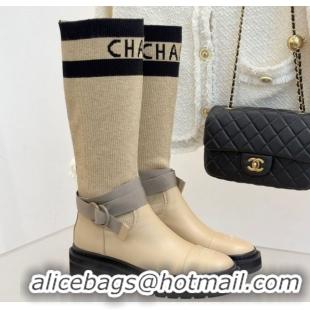 Stylish Chanel Knit and Calfskin Medium Boots with Buckle Beige 2025 CH11030317 1103130