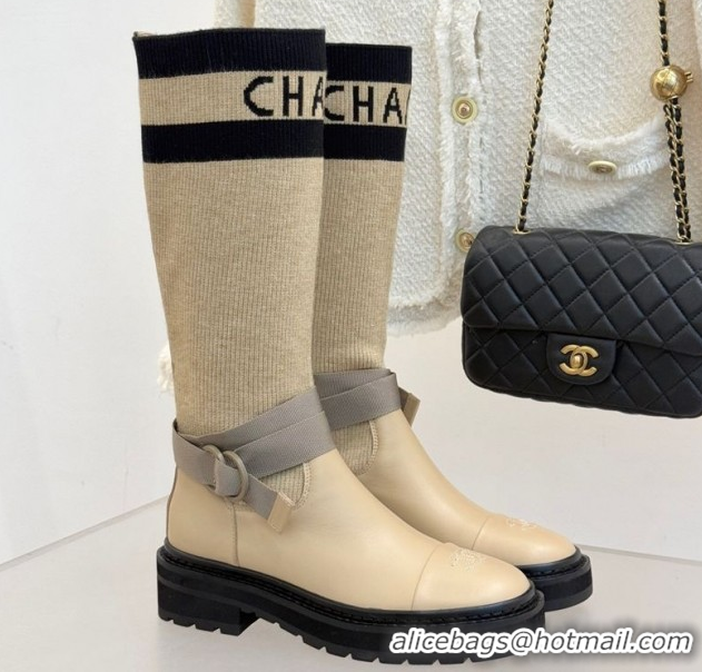 Stylish Chanel Knit and Calfskin Medium Boots with Buckle Beige 2025 CH11030317 1103130