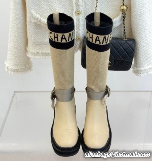 Stylish Chanel Knit and Calfskin Medium Boots with Buckle Beige 2025 CH11030317 1103130