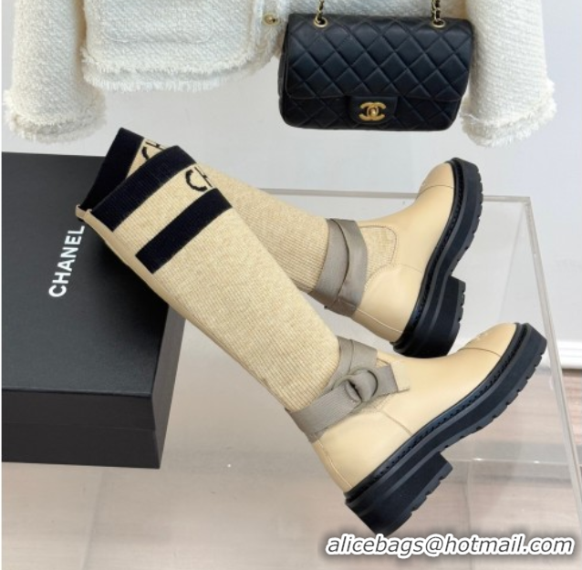 Stylish Chanel Knit and Calfskin Medium Boots with Buckle Beige 2025 CH11030317 1103130