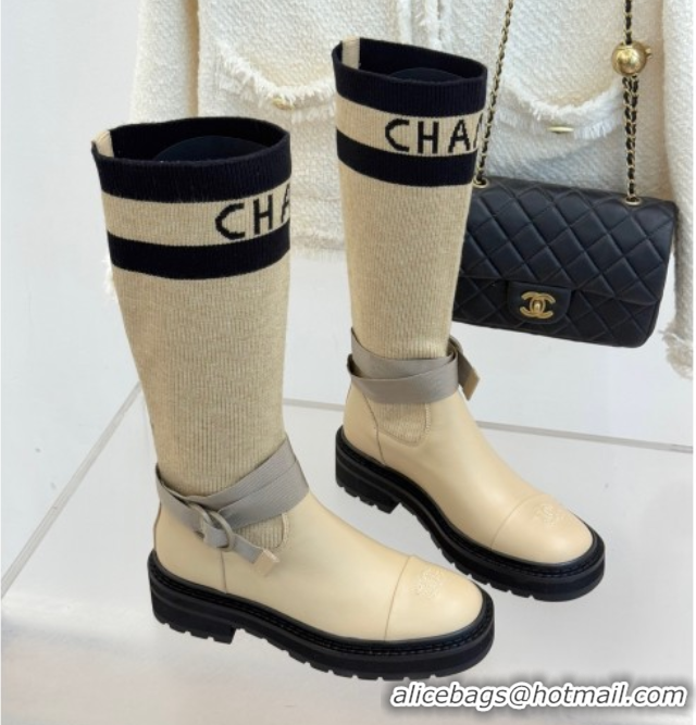 Stylish Chanel Knit and Calfskin Medium Boots with Buckle Beige 2025 CH11030317 1103130