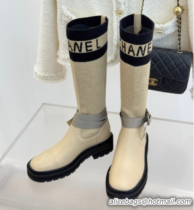 Stylish Chanel Knit and Calfskin Medium Boots with Buckle Beige 2025 CH11030317 1103130