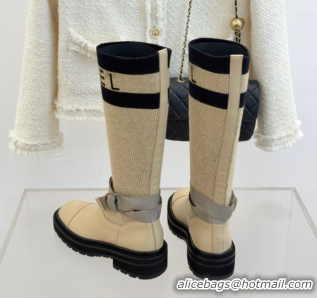 Stylish Chanel Knit and Calfskin Medium Boots with Buckle Beige 2025 CH11030317 1103130