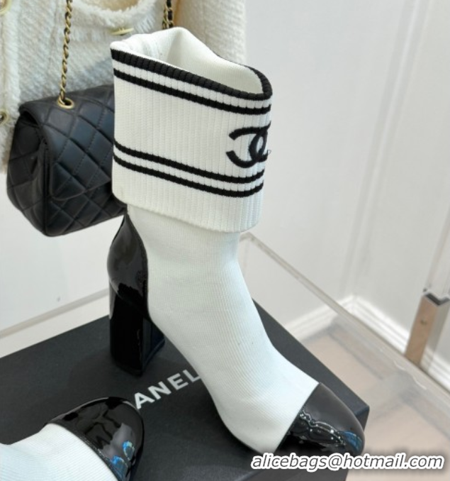 Top Grade Chanel Knit and Patent Calfskin Ankle Boots 7cm White 2025 CH11030318 1103132