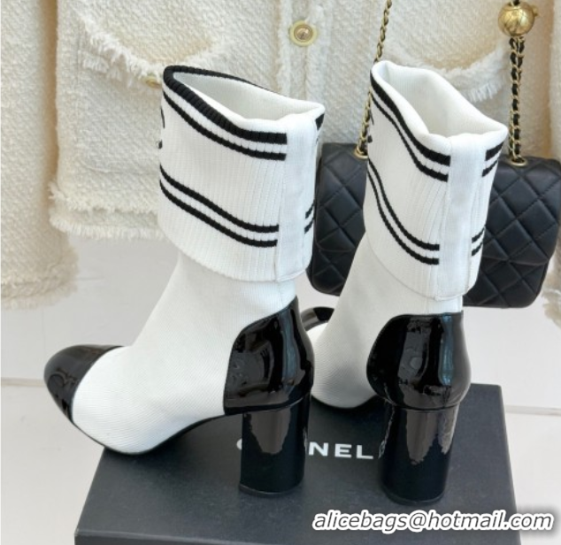 Top Grade Chanel Knit and Patent Calfskin Ankle Boots 7cm White 2025 CH11030318 1103132