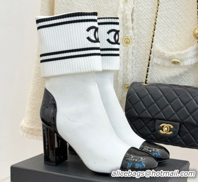 Top Grade Chanel Knit and Patent Calfskin Ankle Boots 7cm White 2025 CH11030318 1103132