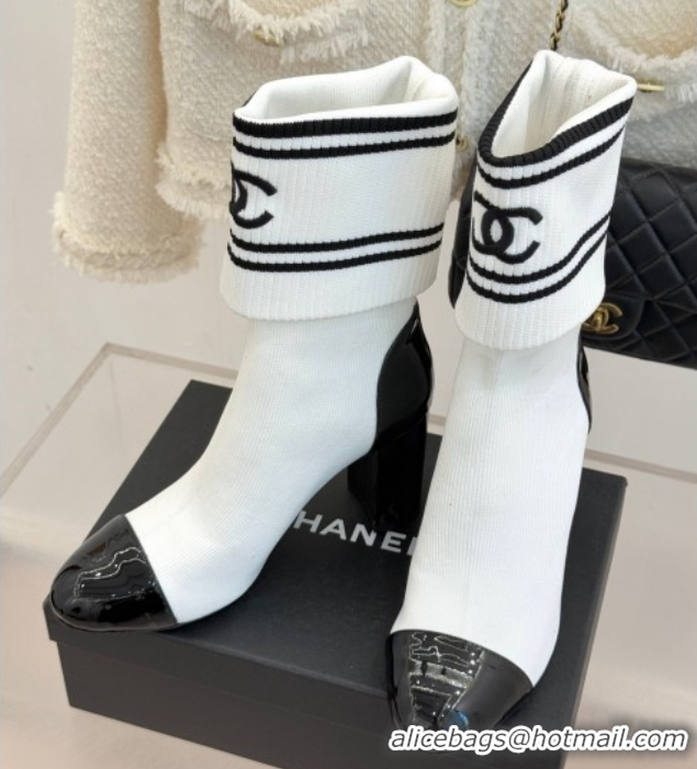 Top Grade Chanel Knit and Patent Calfskin Ankle Boots 7cm White 2025 CH11030318 1103132