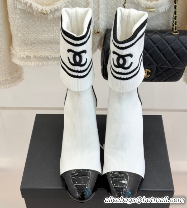 Top Grade Chanel Knit and Patent Calfskin Ankle Boots 7cm White 2025 CH11030318 1103132