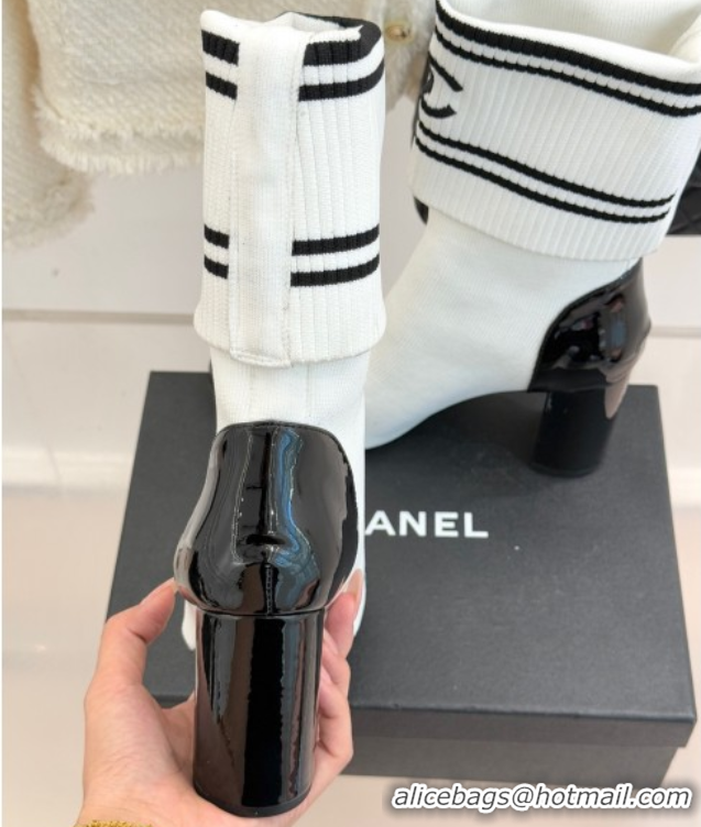 Top Grade Chanel Knit and Patent Calfskin Ankle Boots 7cm White 2025 CH11030318 1103132