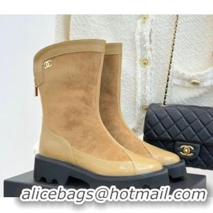 Classic Hot Chanel Suede and Patent Leather Platform Ankle Boots Beige 2025 CH11030319 1103134