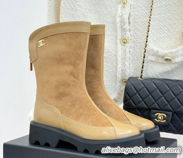 Classic Hot Chanel Suede and Patent Leather Platform Ankle Boots Beige 2025 CH11030319 1103134