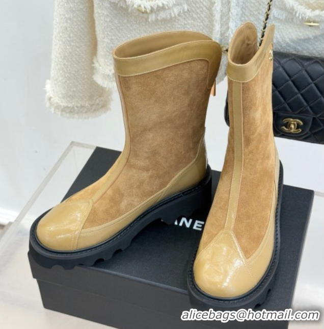 Classic Hot Chanel Suede and Patent Leather Platform Ankle Boots Beige 2025 CH11030319 1103134