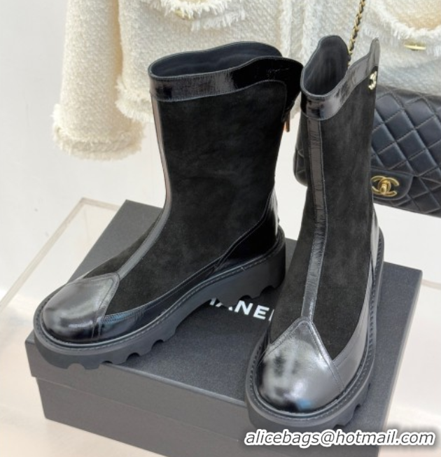 Best Product Chanel Suede and Patent Leather Platform Ankle Boots Black 2025 CH11030319 1103135