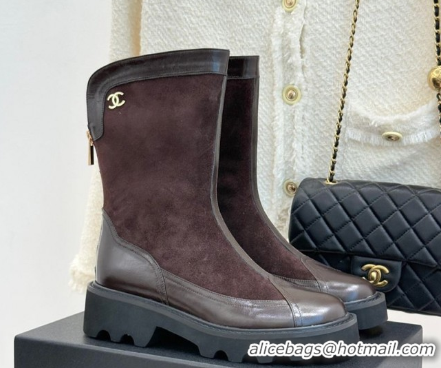 Luxury Chanel Suede and Patent Leather Platform Ankle Boots Brown 2025 CH11030319 1103136