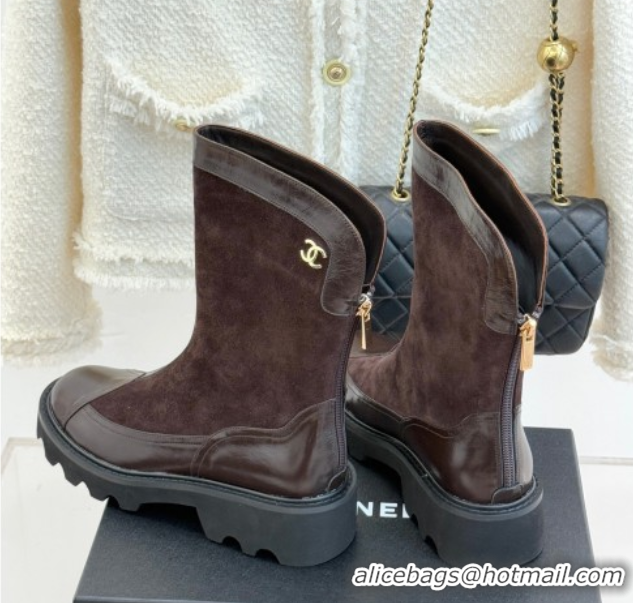 Luxury Chanel Suede and Patent Leather Platform Ankle Boots Brown 2025 CH11030319 1103136