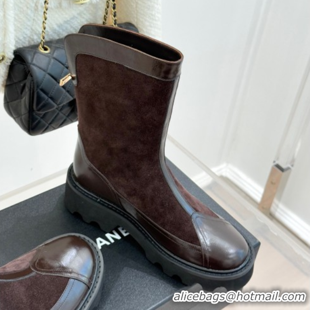 Luxury Chanel Suede and Patent Leather Platform Ankle Boots Brown 2025 CH11030319 1103136