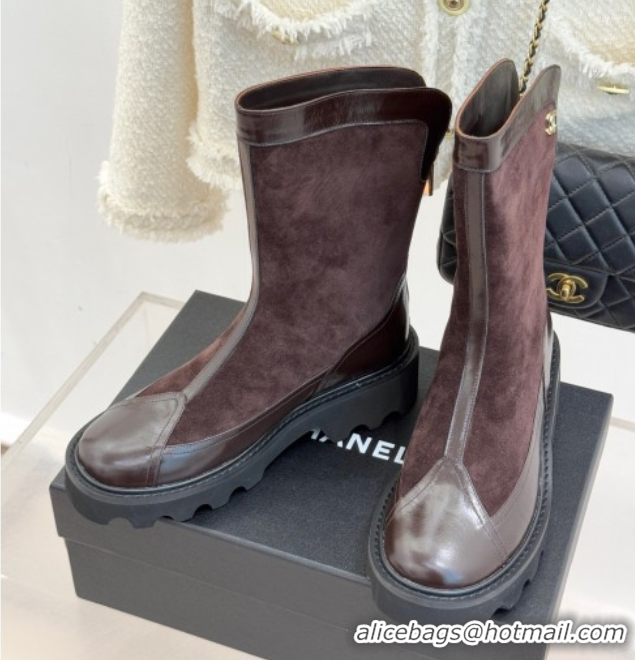 Luxury Chanel Suede and Patent Leather Platform Ankle Boots Brown 2025 CH11030319 1103136
