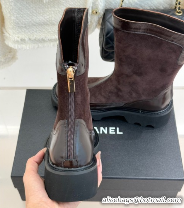 Luxury Chanel Suede and Patent Leather Platform Ankle Boots Brown 2025 CH11030319 1103136