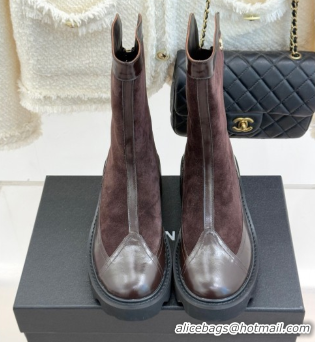 Luxury Chanel Suede and Patent Leather Platform Ankle Boots Brown 2025 CH11030319 1103136