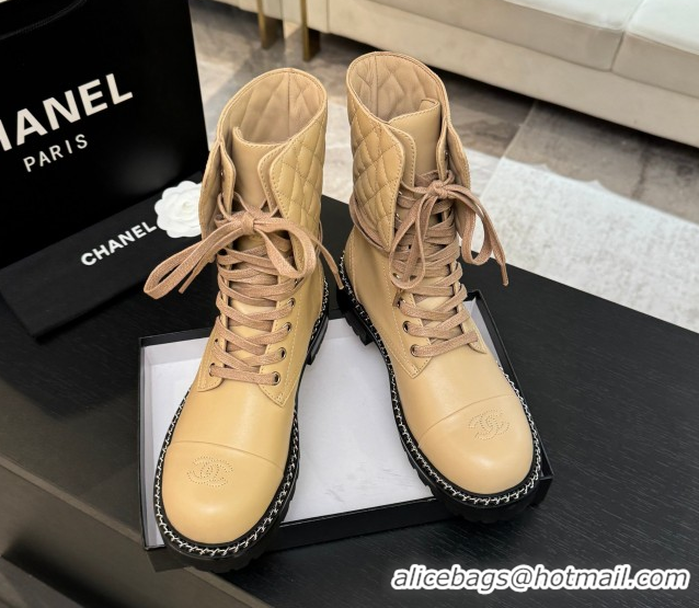 Buy Luxury Chanel Lambskin and Quilted Leather Laced-up Ankle Boots 5cm with Chain Black 2025 CH11030320 1103138