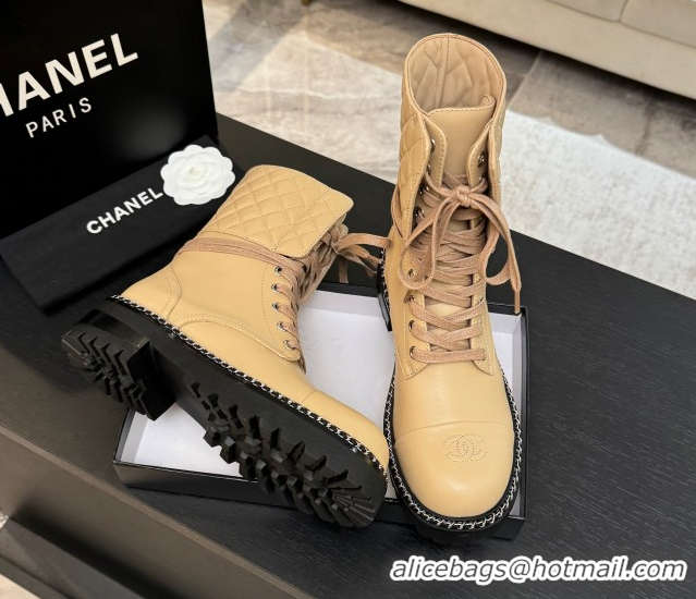 Buy Luxury Chanel Lambskin and Quilted Leather Laced-up Ankle Boots 5cm with Chain Black 2025 CH11030320 1103138