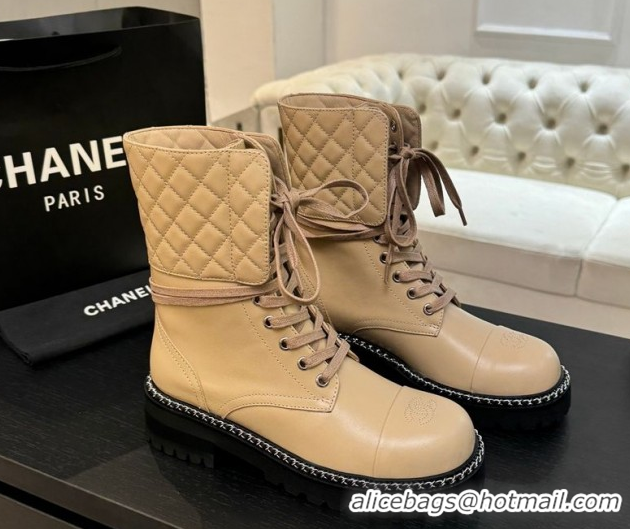Buy Luxury Chanel Lambskin and Quilted Leather Laced-up Ankle Boots 5cm with Chain Black 2025 CH11030320 1103138