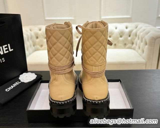 Buy Luxury Chanel Lambskin and Quilted Leather Laced-up Ankle Boots 5cm with Chain Black 2025 CH11030320 1103138