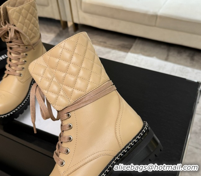 Buy Luxury Chanel Lambskin and Quilted Leather Laced-up Ankle Boots 5cm with Chain Black 2025 CH11030320 1103138
