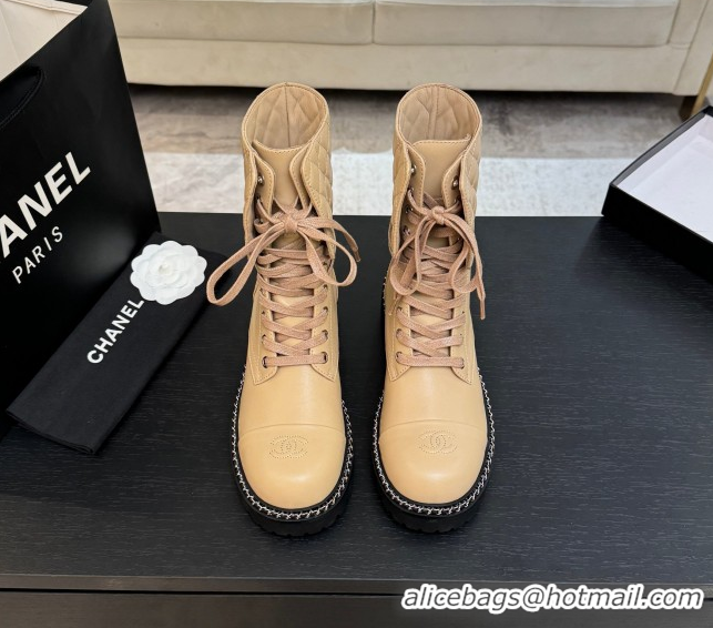 Buy Luxury Chanel Lambskin and Quilted Leather Laced-up Ankle Boots 5cm with Chain Black 2025 CH11030320 1103138