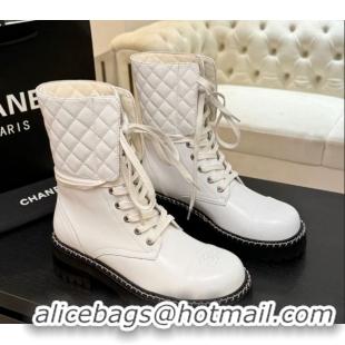 Pretty Style Chanel Lambskin and Quilted Leather Laced-up Ankle Boots 5cm with Chain White CH11030320 1103139