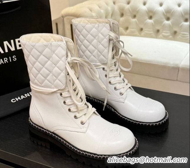 Pretty Style Chanel Lambskin and Quilted Leather Laced-up Ankle Boots 5cm with Chain White CH11030320 1103139