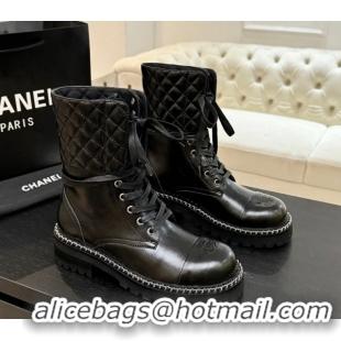 Perfect Chanel Lambskin and Quilted Leather Laced-up Ankle Boots 5cm with Chain Black 2025 CH11030320 1103140