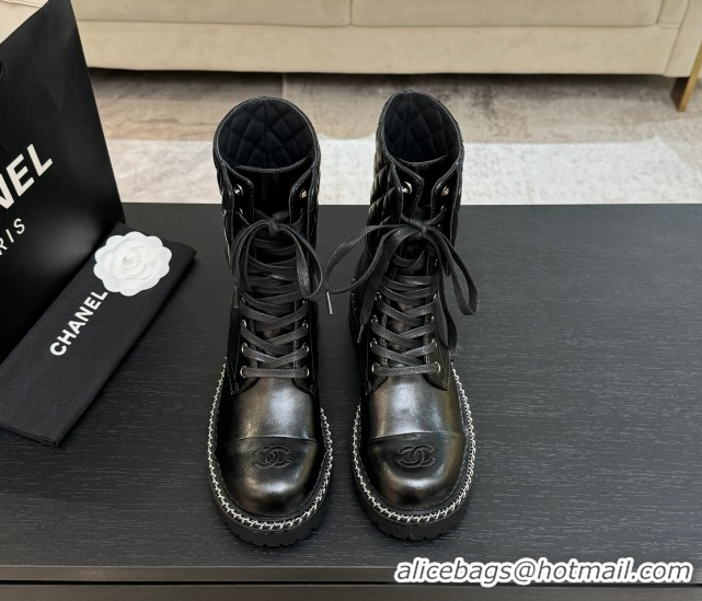 Perfect Chanel Lambskin and Quilted Leather Laced-up Ankle Boots 5cm with Chain Black 2025 CH11030320 1103140