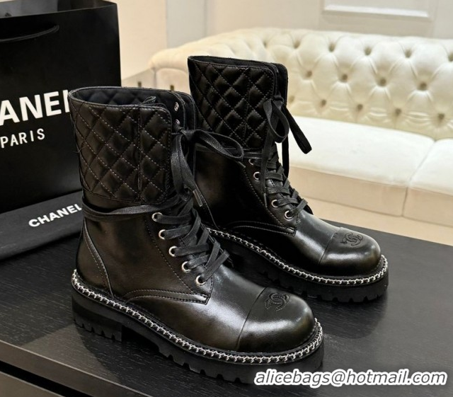 Perfect Chanel Lambskin and Quilted Leather Laced-up Ankle Boots 5cm with Chain Black 2025 CH11030320 1103140