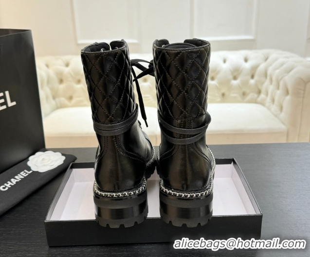 Perfect Chanel Lambskin and Quilted Leather Laced-up Ankle Boots 5cm with Chain Black 2025 CH11030320 1103140