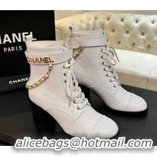 Luxury Chanel Calfskin Leather Laced-up Ankle Boots with Chain White 2025 CH11030321 1103141