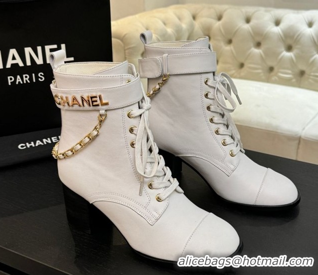 Luxury Chanel Calfskin Leather Laced-up Ankle Boots with Chain White 2025 CH11030321 1103141