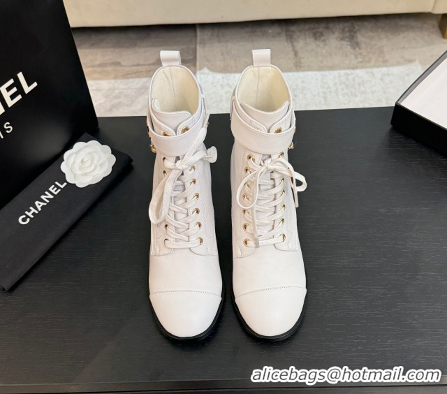 Luxury Chanel Calfskin Leather Laced-up Ankle Boots with Chain White 2025 CH11030321 1103141