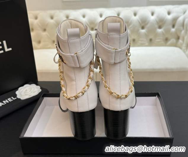 Luxury Chanel Calfskin Leather Laced-up Ankle Boots with Chain White 2025 CH11030321 1103141