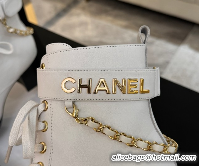 Luxury Chanel Calfskin Leather Laced-up Ankle Boots with Chain White 2025 CH11030321 1103141