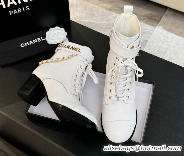 Luxury Chanel Calfskin Leather Laced-up Ankle Boots with Chain White 2025 CH11030321 1103141
