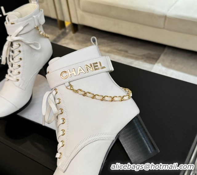 Luxury Chanel Calfskin Leather Laced-up Ankle Boots with Chain White 2025 CH11030321 1103141
