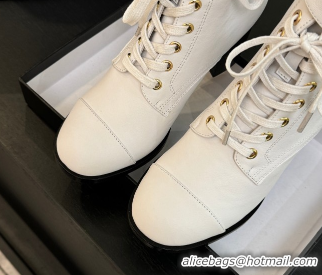 Luxury Chanel Calfskin Leather Laced-up Ankle Boots with Chain White 2025 CH11030321 1103141