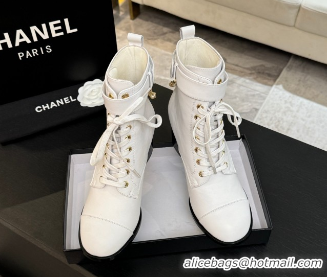 Luxury Chanel Calfskin Leather Laced-up Ankle Boots with Chain White 2025 CH11030321 1103141
