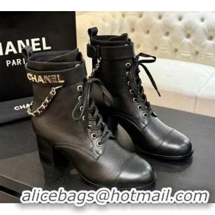 Purchase Chanel Calfskin Leather Laced-up Ankle Boots with Chain Black 2025 CH11030321 1103142